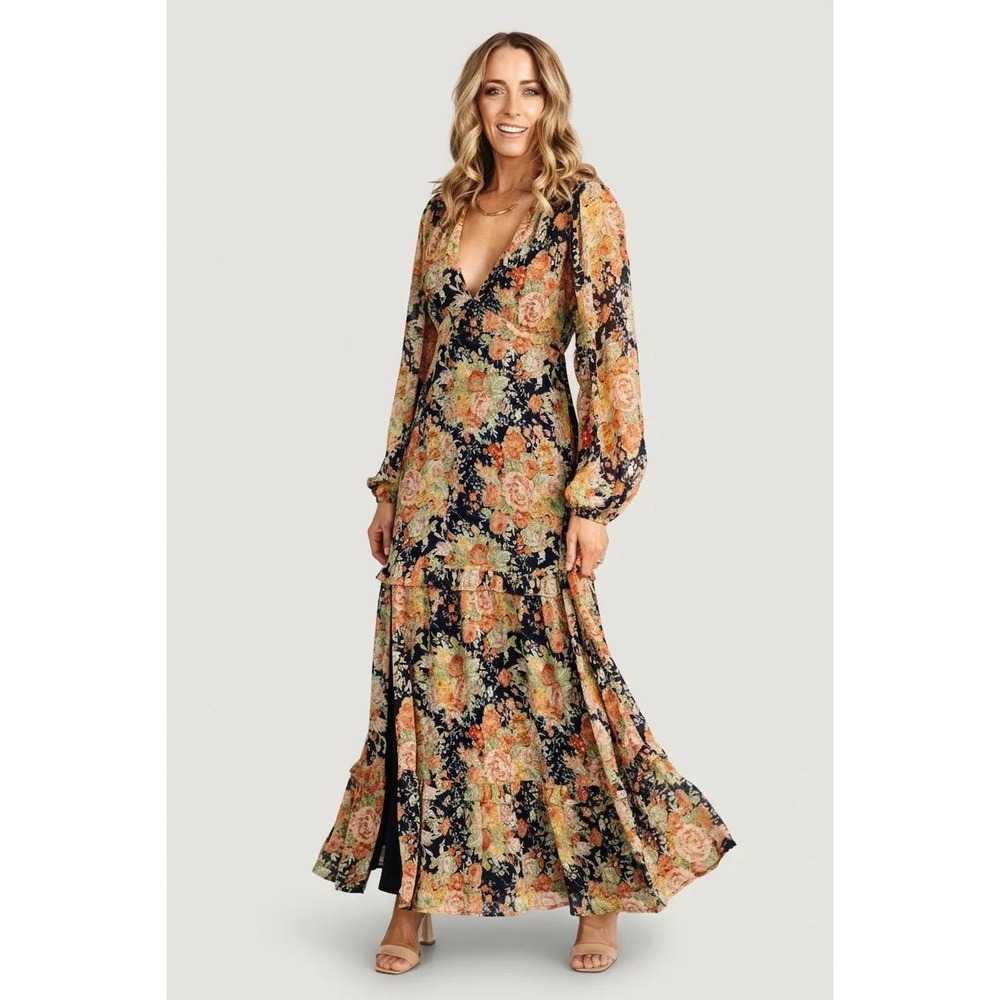 Baltic Born Bowman Deep V Maxi Dress sz L Navy Floral Tiered BOHO Wedding Guest